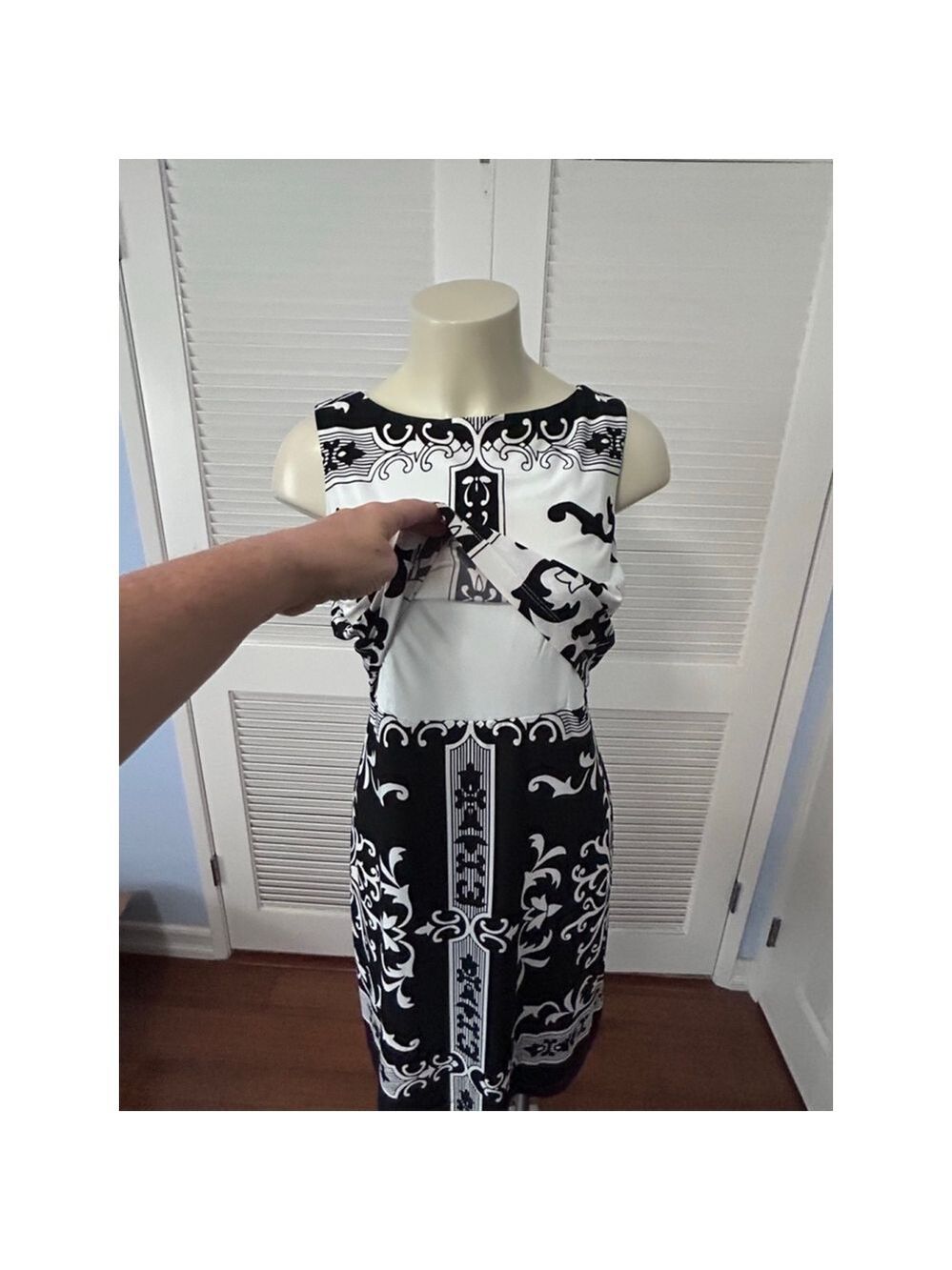 Donna Morgan Black White Damask Scroll Sheath Dress Size 8 - Picture 4 of 10